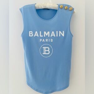 Balmain Light Blue Logo Sleeveless Tank with Gold Buttons XXS (FR) / XS (US)